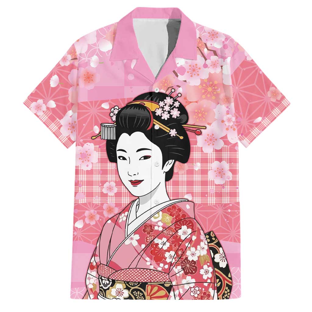 Japanese Geisha Cherry Blossom Family Matching Off The Shoulder Long Sleeve Dress and Hawaiian Shirt Pink Palaka Hawaii Pattern Fusion Design LT19 Dad's Shirt - Short Sleeve Pink - Polynesian Pride