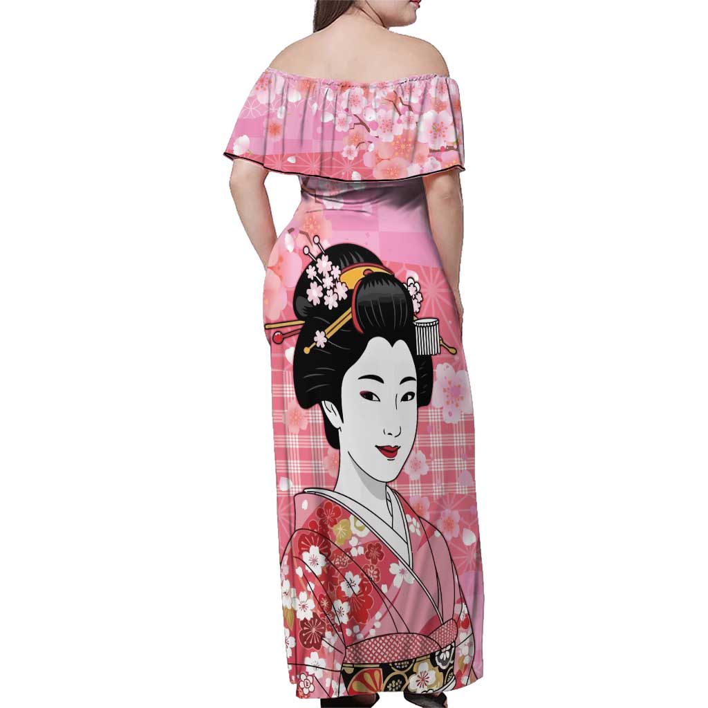 Japanese Geisha Cherry Blossom Family Matching Off Shoulder Maxi Dress and Hawaiian Shirt Pink Palaka Hawaii Pattern Fusion Design LT19 - Polynesian Pride