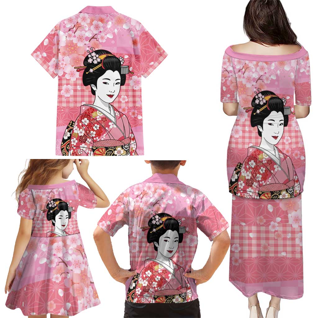 Japanese Geisha Cherry Blossom Family Matching Puletasi and Hawaiian Shirt Pink Palaka Hawaii Pattern Fusion Design LT19 - Polynesian Pride