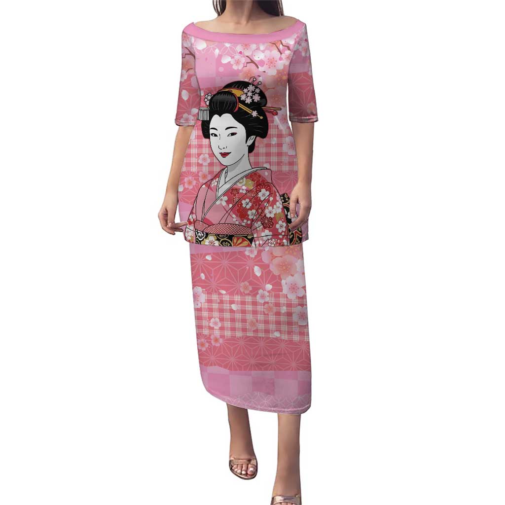 Japanese Geisha Cherry Blossom Family Matching Puletasi and Hawaiian Shirt Pink Palaka Hawaii Pattern Fusion Design LT19 Mom's Dress Pink - Polynesian Pride