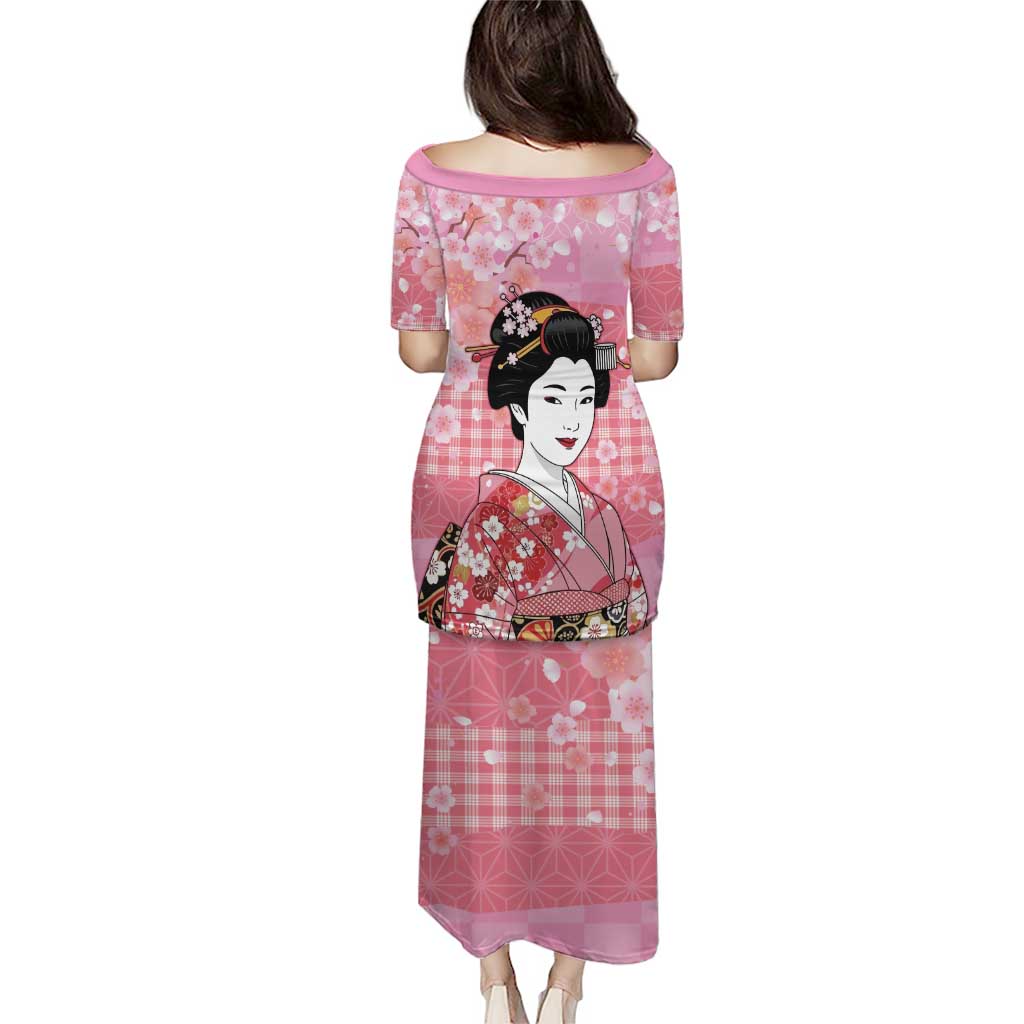 Japanese Geisha Cherry Blossom Family Matching Puletasi and Hawaiian Shirt Pink Palaka Hawaii Pattern Fusion Design LT19 - Polynesian Pride