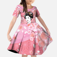 Japanese Geisha Cherry Blossom Family Matching Tank Maxi Dress and Hawaiian Shirt Pink Palaka Hawaii Pattern Fusion Design LT19 Daughter's Dress Pink - Polynesian Pride