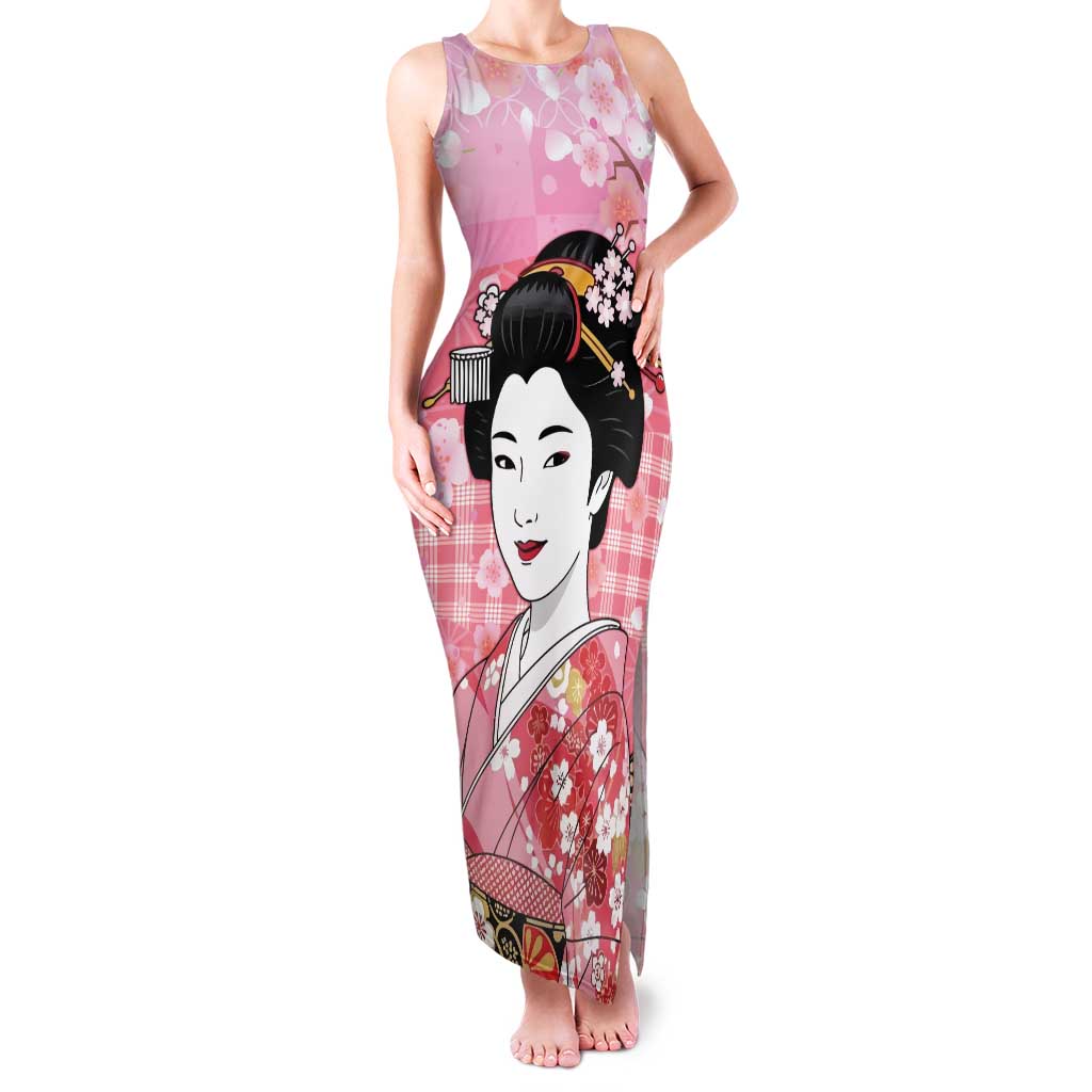 Japanese Geisha Cherry Blossom Family Matching Tank Maxi Dress and Hawaiian Shirt Pink Palaka Hawaii Pattern Fusion Design LT19 Mom's Dress Pink - Polynesian Pride