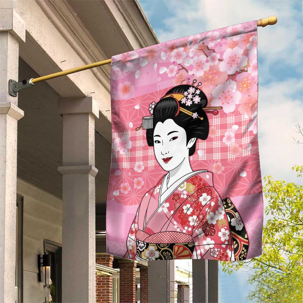 Japanese Geisha Cherry Blossom Garden Flag Pink Palaka Hawaii Pattern Fusion Design