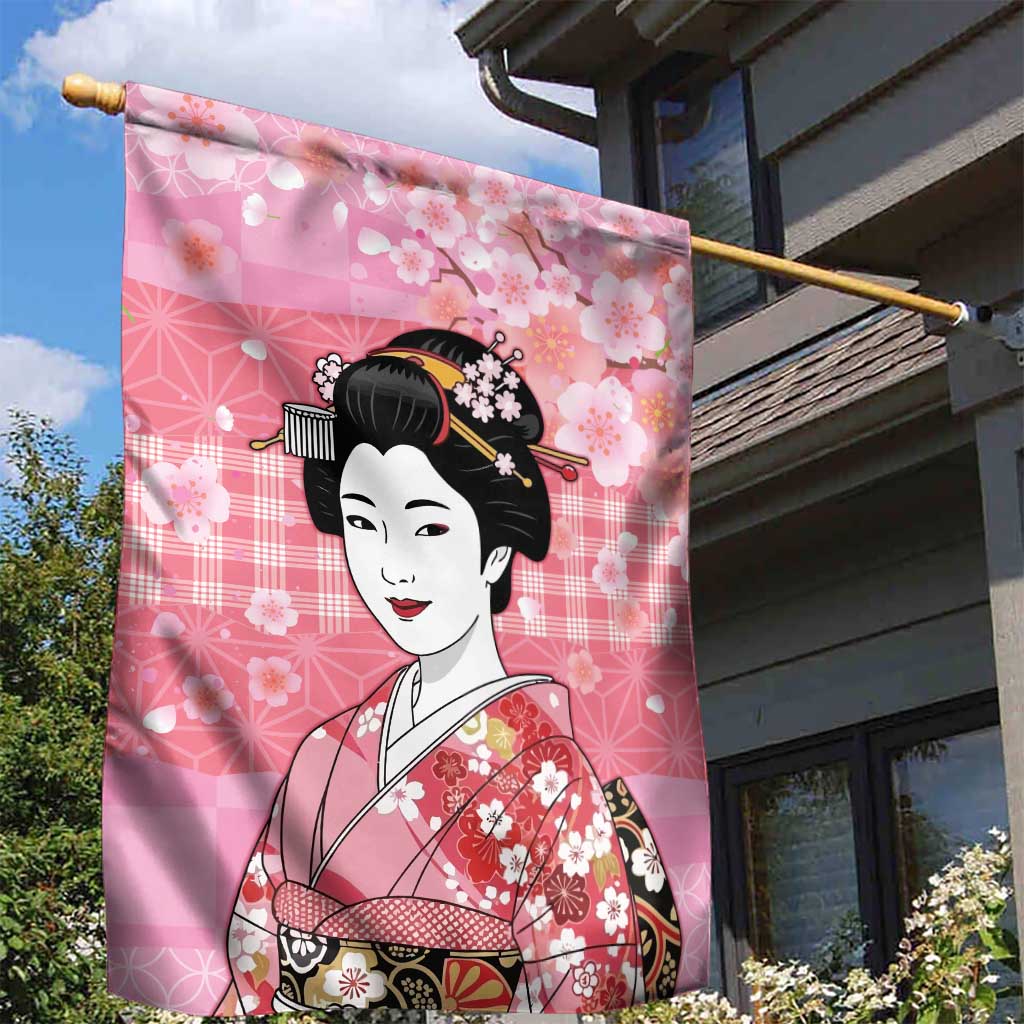 Japanese Geisha Cherry Blossom Garden Flag Pink Palaka Hawaii Pattern Fusion Design