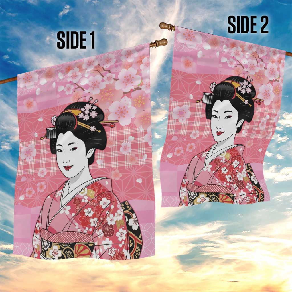 Japanese Geisha Cherry Blossom Garden Flag Pink Palaka Hawaii Pattern Fusion Design