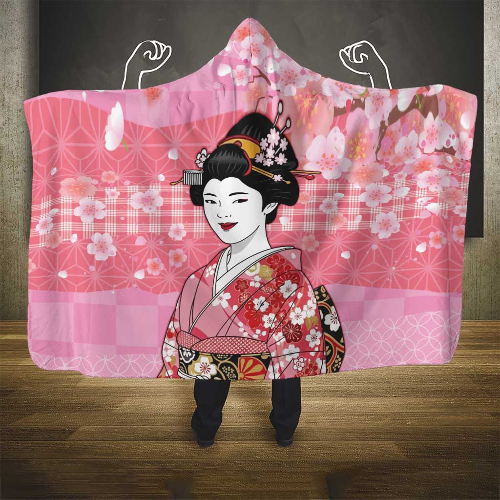 Japanese Geisha Cherry Blossom Hooded Blanket Pink Palaka Hawaii Pattern Fusion Design LT19 - Polynesian Pride