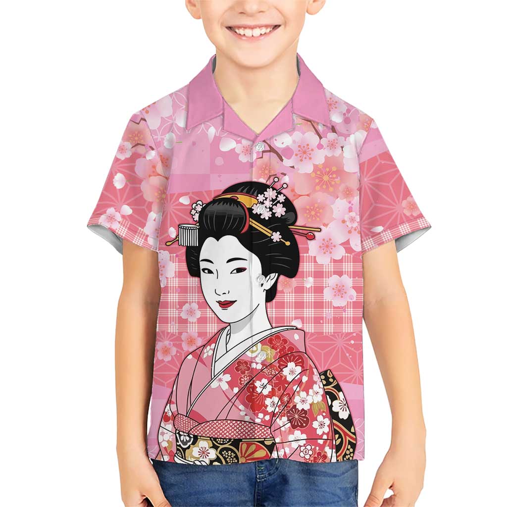 Japanese Geisha Cherry Blossom Kid Hawaiian Shirt Pink Palaka Hawaii Pattern Fusion Design LT19 Kid Pink - Polynesian Pride