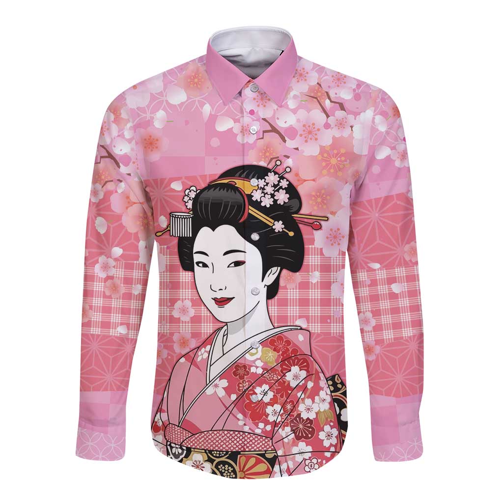 Japanese Geisha Cherry Blossom Long Sleeve Button Shirt Pink Palaka Hawaii Pattern Fusion Design LT19 Unisex Pink - Polynesian Pride