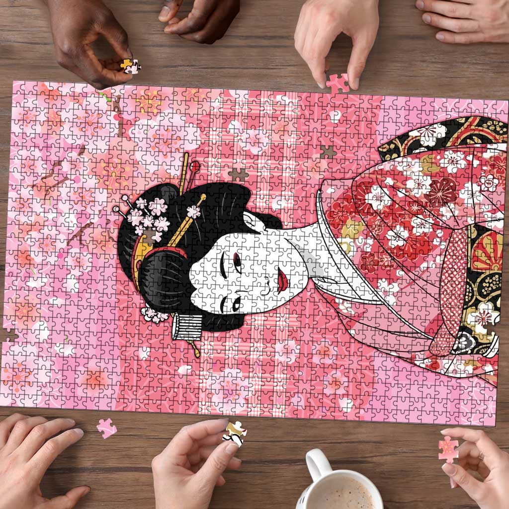 Japanese Geisha Cherry Blossom Puzzle Pink Palaka Hawaii Pattern Fusion Design