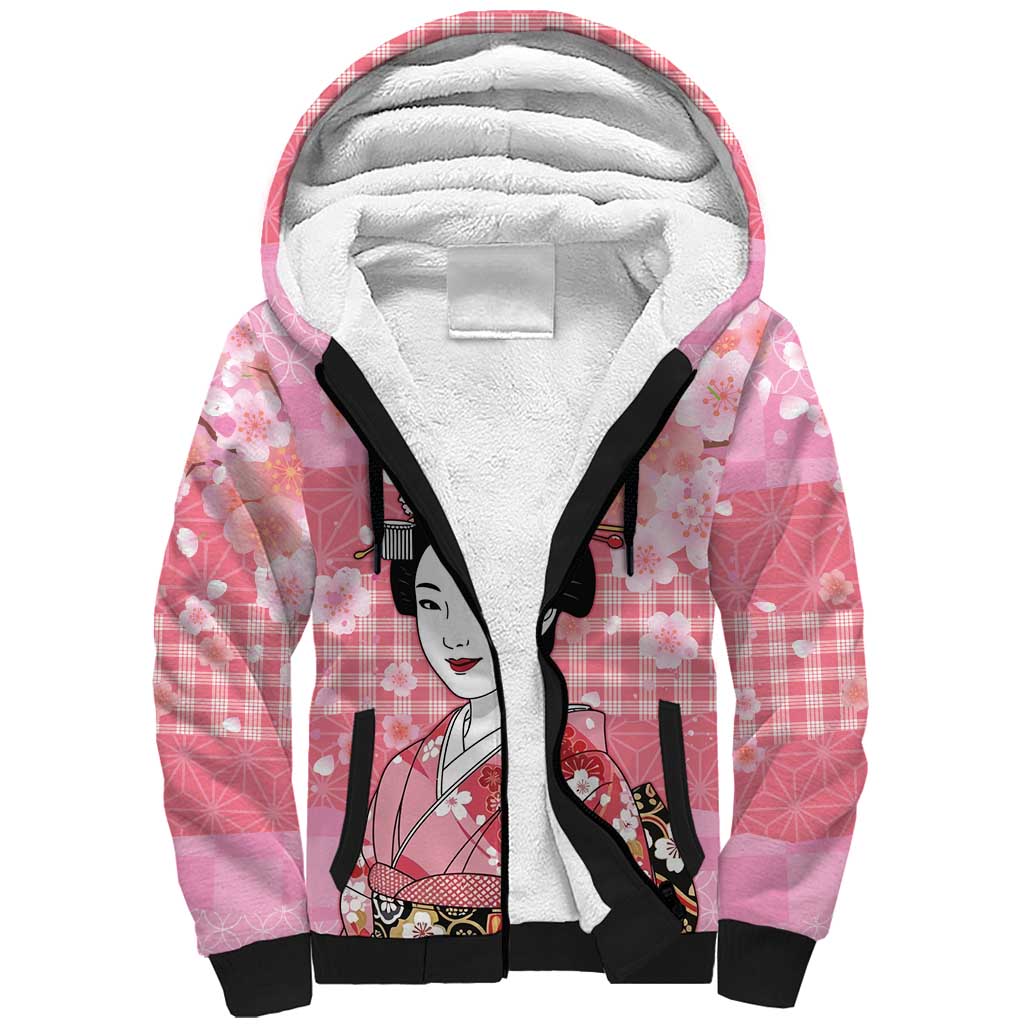 Japanese Geisha Cherry Blossom Sherpa Hoodie Pink Palaka Hawaii Pattern Fusion Design LT19 Unisex Pink - Polynesian Pride