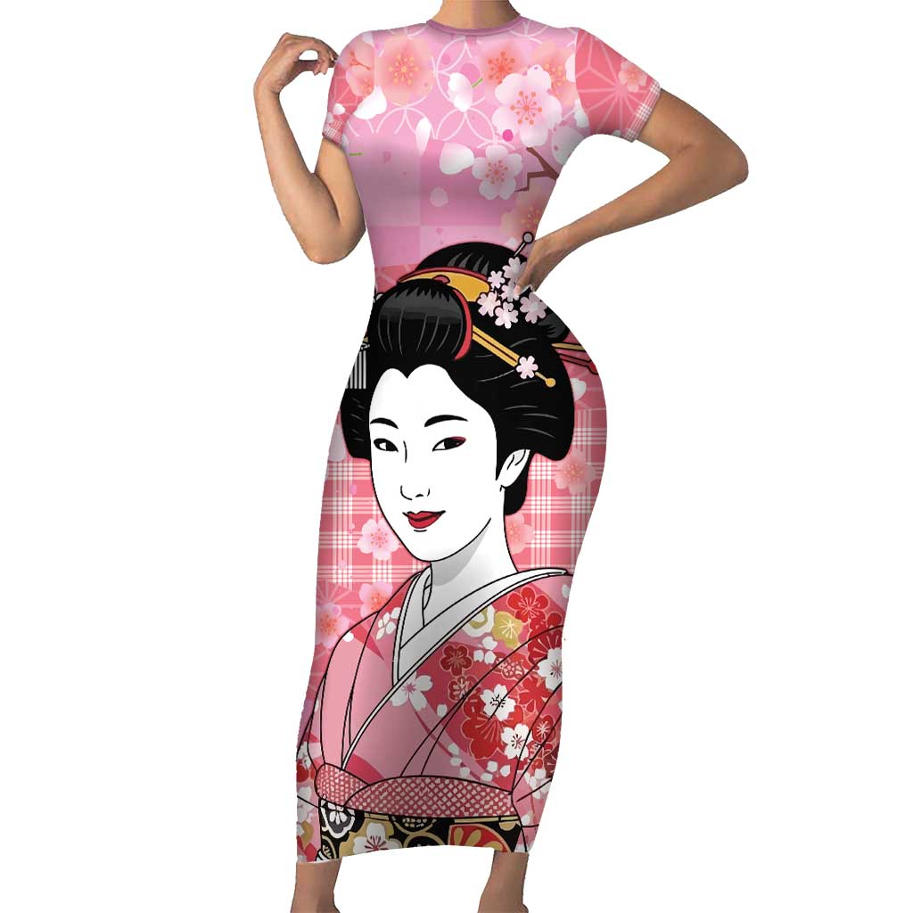 Japanese Geisha Cherry Blossom Short Sleeve Bodycon Dress Pink Palaka Hawaii Pattern Fusion Design LT19 Long Dress Pink - Polynesian Pride