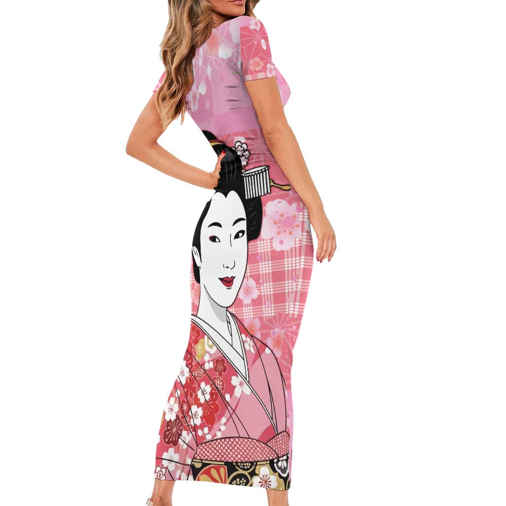 Japanese Geisha Cherry Blossom Short Sleeve Bodycon Dress Pink Palaka Hawaii Pattern Fusion Design LT19 - Polynesian Pride