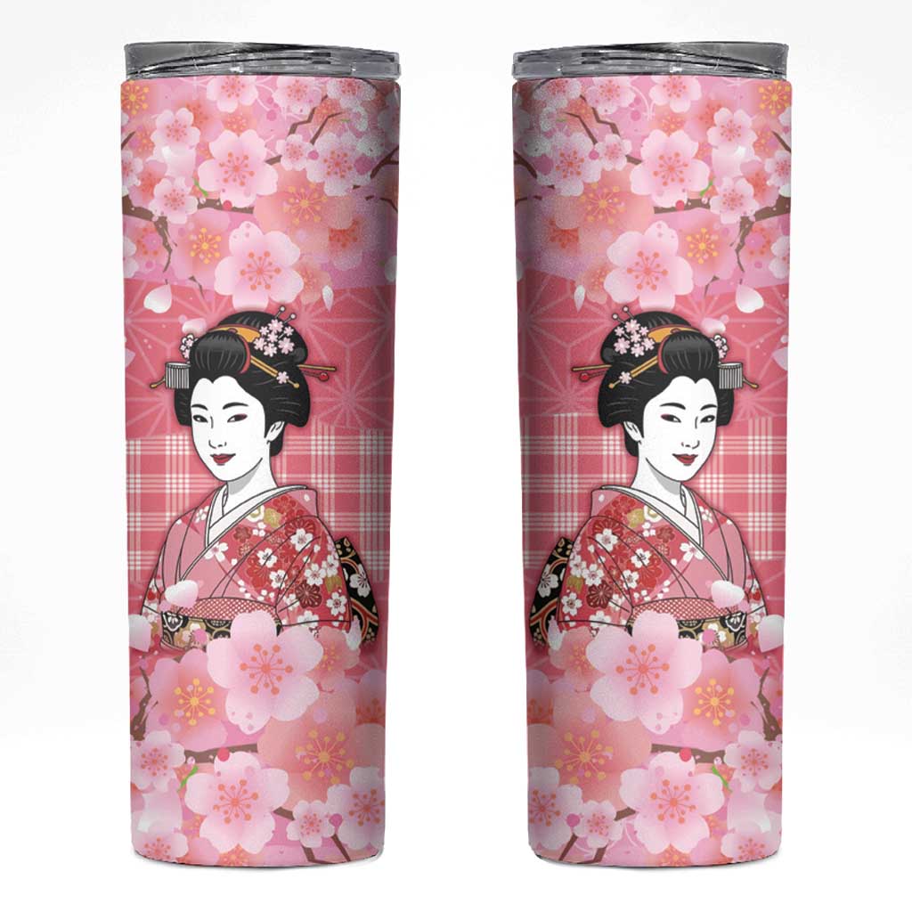 Japanese Geisha Cherry Blossom Skinny Tumbler Pink Palaka Hawaii Pattern Fusion Design LT19 Pink - Polynesian Pride