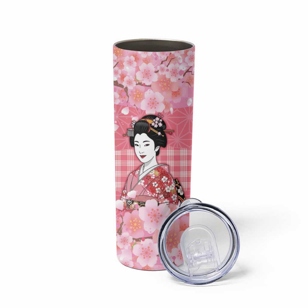Japanese Geisha Cherry Blossom Skinny Tumbler Pink Palaka Hawaii Pattern Fusion Design LT19 - Polynesian Pride