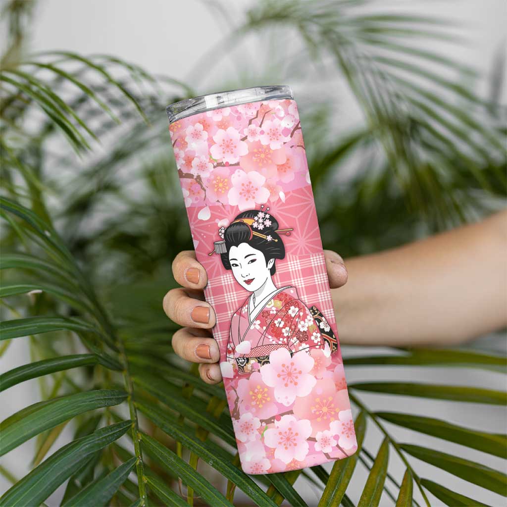 Japanese Geisha Cherry Blossom Skinny Tumbler Pink Palaka Hawaii Pattern Fusion Design LT19 - Polynesian Pride
