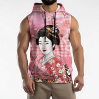 Japanese Geisha Cherry Blossom Sleeveless Hoodie Pink Palaka Hawaii Pattern Fusion Design