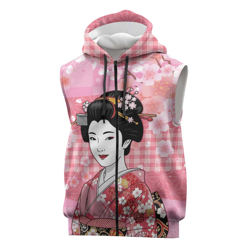 Japanese Geisha Cherry Blossom Sleeveless Zip Hoodie Pink Palaka Hawaii Pattern Fusion Design