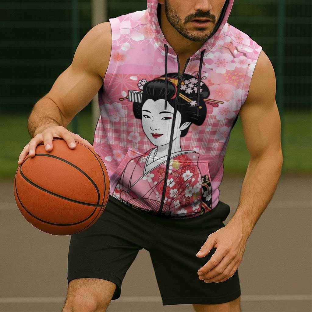 Japanese Geisha Cherry Blossom Sleeveless Zip Hoodie Pink Palaka Hawaii Pattern Fusion Design LT19 - Polynesian Pride