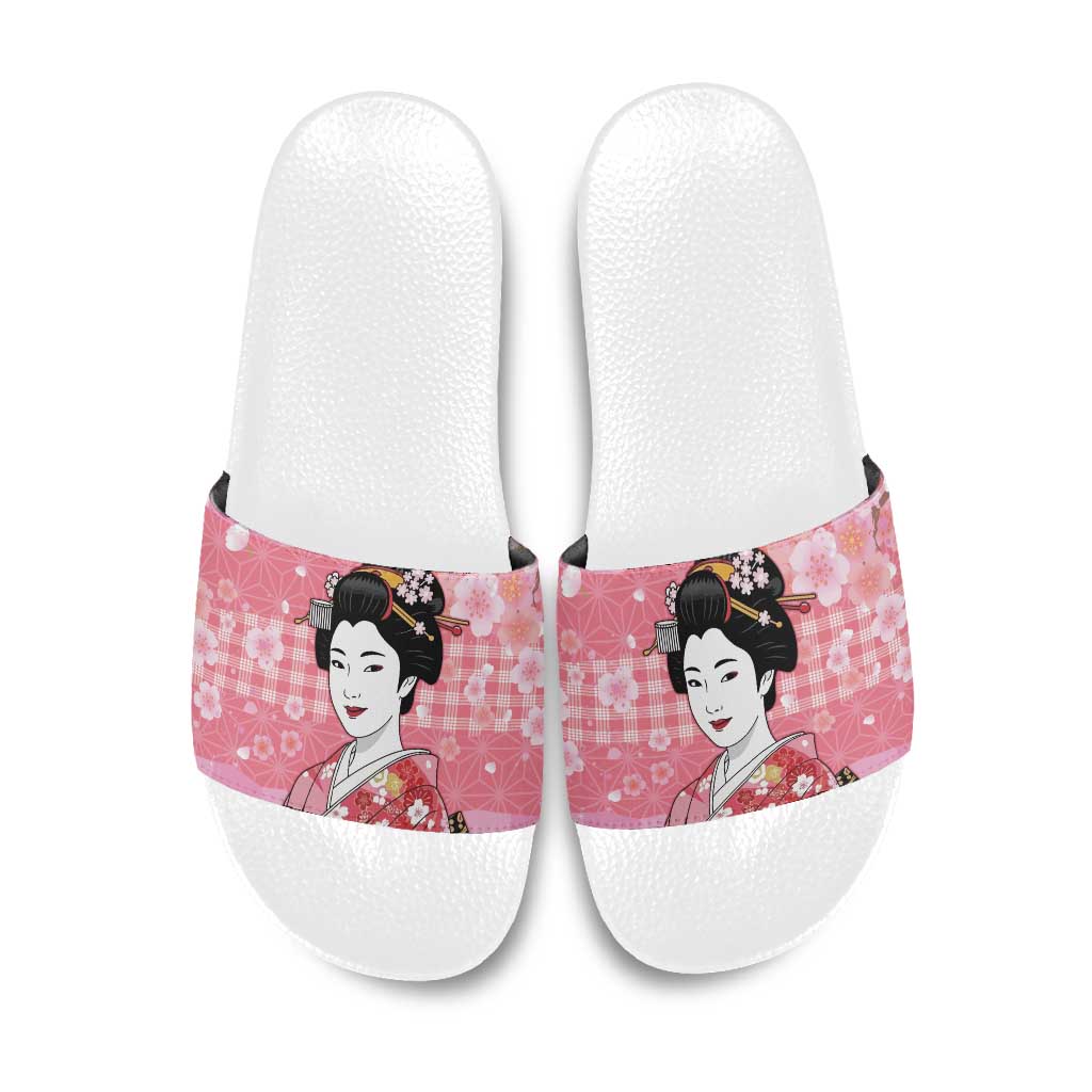 Japanese Geisha Cherry Blossom Slide Sandals Pink Palaka Hawaii Pattern Fusion Design