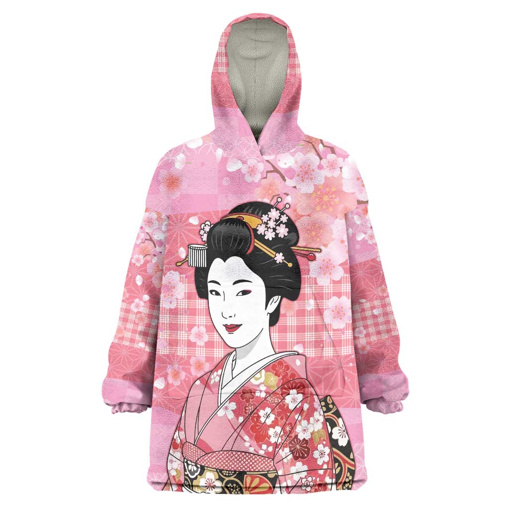 Japanese Geisha Cherry Blossom Wearable Blanket Hoodie Pink Palaka Hawaii Pattern Fusion Design LT19 One Size Pink - Polynesian Pride