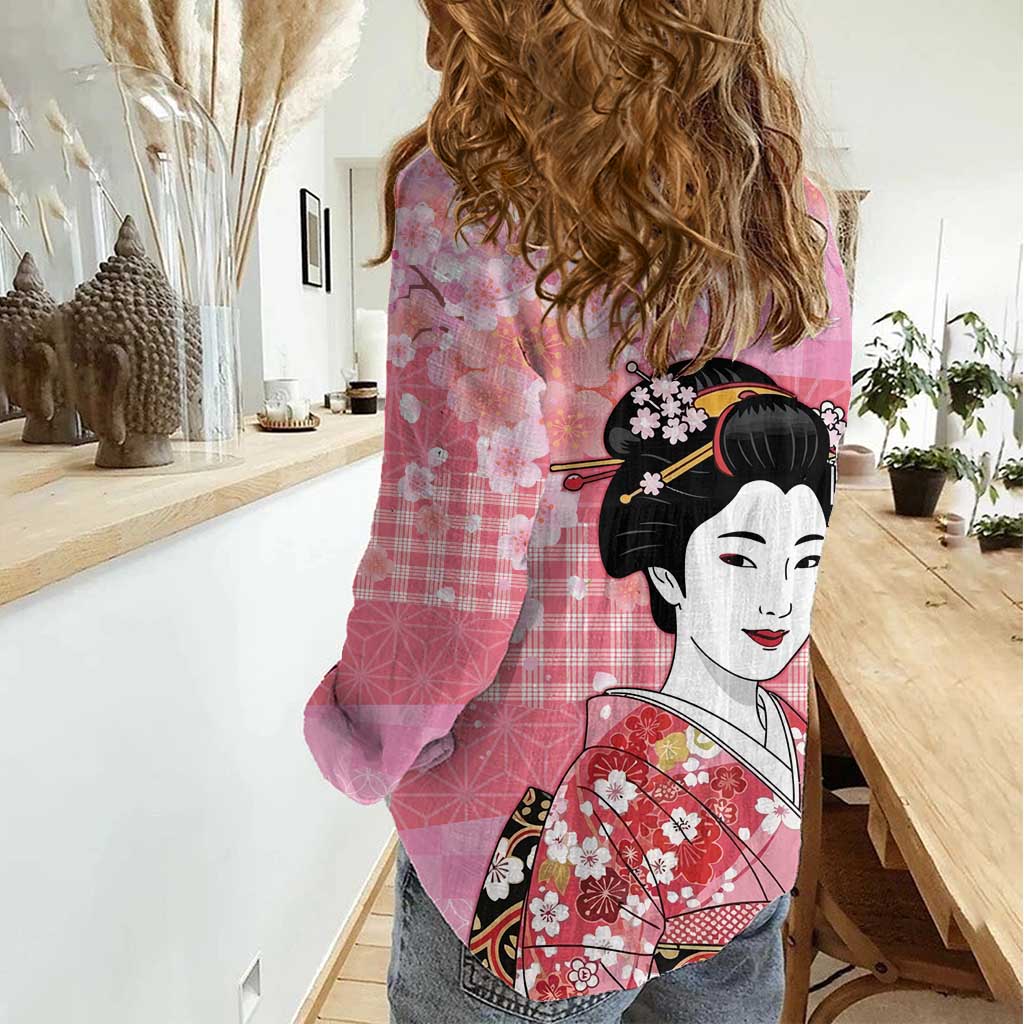 Japanese Geisha Cherry Blossom Women Casual Shirt Pink Palaka Hawaii Pattern Fusion Design LT19 - Polynesian Pride