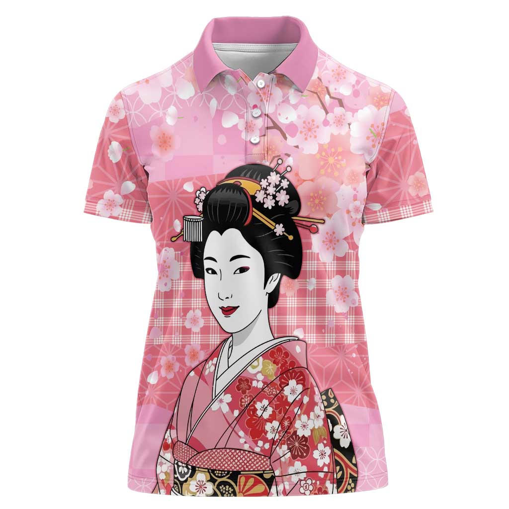 Japanese Geisha Cherry Blossom Women Polo Shirt Pink Palaka Hawaii Pattern Fusion Design LT19 Female Pink - Polynesian Pride