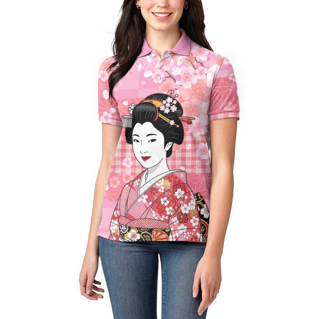 Japanese Geisha Cherry Blossom Women Polo Shirt Pink Palaka Hawaii Pattern Fusion Design LT19 - Polynesian Pride