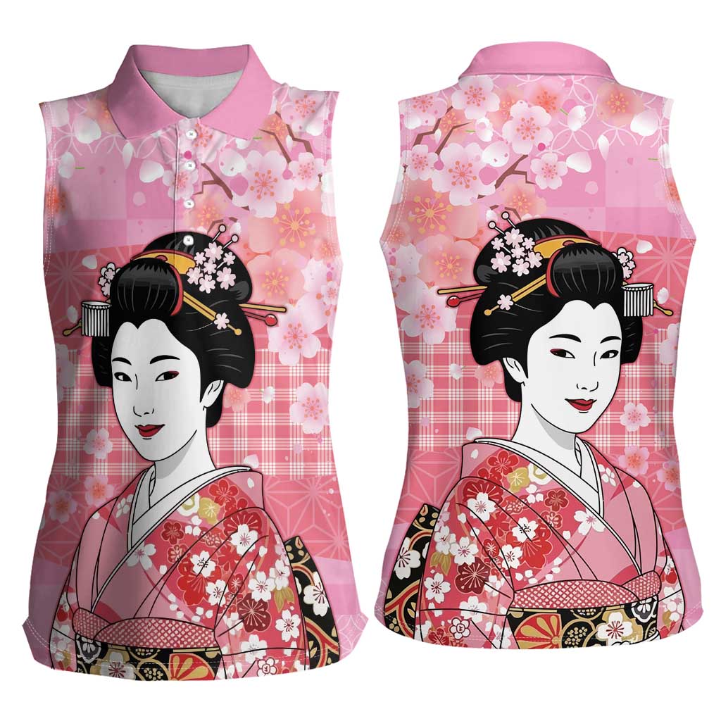 Japanese Geisha Cherry Blossom Women Sleeveless Polo Shirt Pink Palaka Hawaii Pattern Fusion Design LT19 - Polynesian Pride