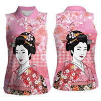 Japanese Geisha Cherry Blossom Women Sleeveless Polo Shirt Pink Palaka Hawaii Pattern Fusion Design LT19 - Polynesian Pride