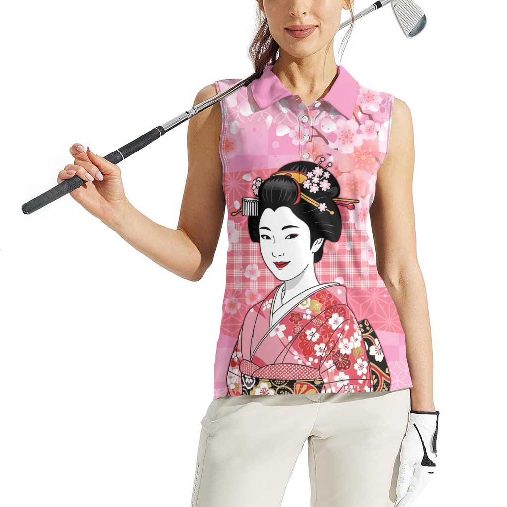 Japanese Geisha Cherry Blossom Women Sleeveless Polo Shirt Pink Palaka Hawaii Pattern Fusion Design LT19 - Polynesian Pride