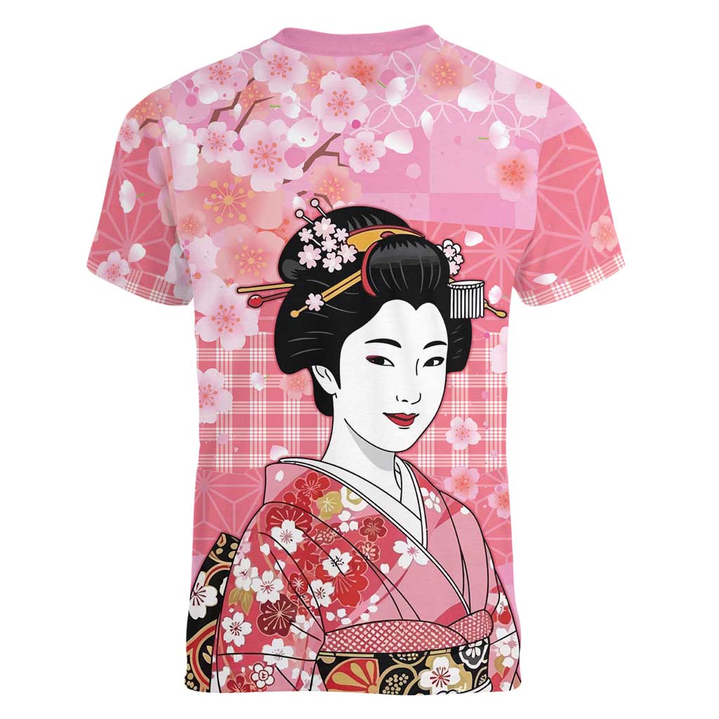Japanese Geisha Cherry Blossom Women V-Neck T-Shirt Pink Palaka Hawaii Pattern Fusion Design LT19 - Polynesian Pride
