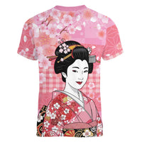 Japanese Geisha Cherry Blossom Women V-Neck T-Shirt Pink Palaka Hawaii Pattern Fusion Design LT19 - Polynesian Pride