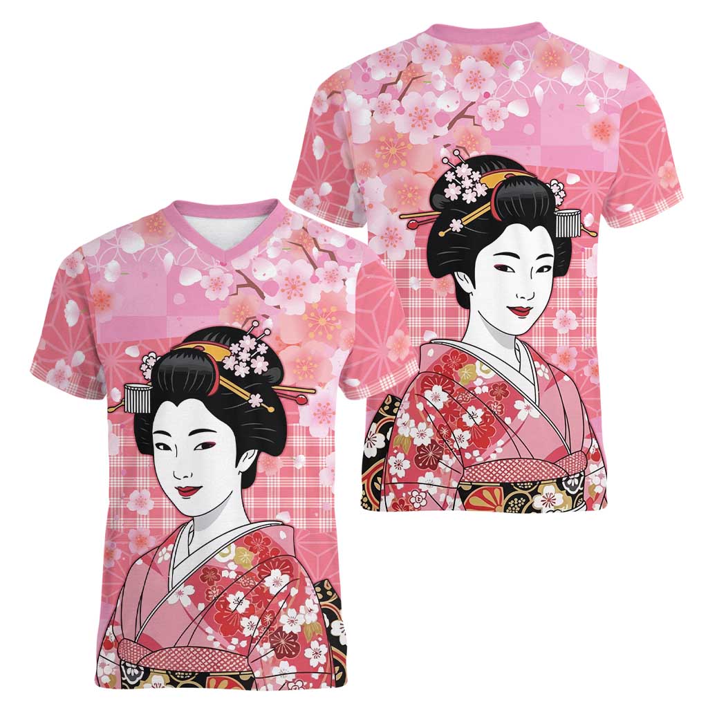 Japanese Geisha Cherry Blossom Women V-Neck T-Shirt Pink Palaka Hawaii Pattern Fusion Design LT19 - Polynesian Pride