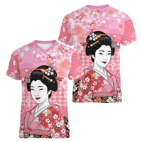 Japanese Geisha Cherry Blossom Women V-Neck T-Shirt Pink Palaka Hawaii Pattern Fusion Design LT19 - Polynesian Pride