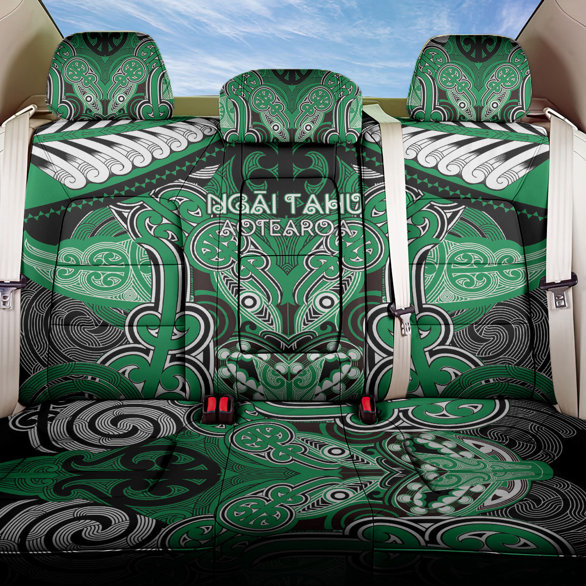 Aotearoa Iwi Ngai Tahu Back Car Seat Cover Maori Kowhaiwhai Pattern LT19 One Size Green - Polynesian Pride