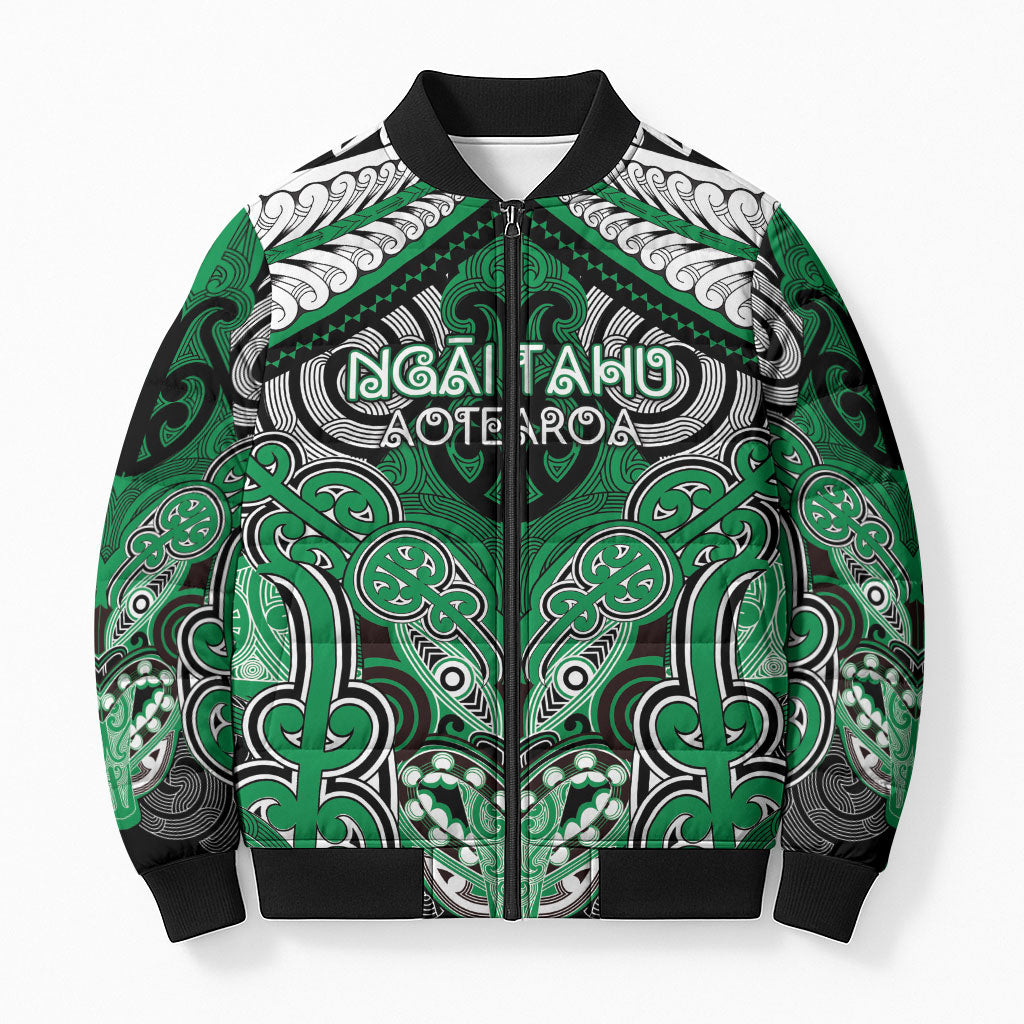 Aotearoa Iwi Ngai Tahu Personalised Bomber Puffer Jacket Maori Kowhaiwhai Pattern LT19 Unisex Green - Polynesian Pride