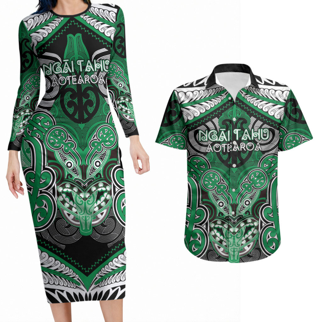 Aotearoa Iwi Ngai Tahu Personalised Couples Matching Long Sleeve Bodycon Dress and Hawaiian Shirt Maori Kowhaiwhai Pattern LT19 Green - Polynesian Pride