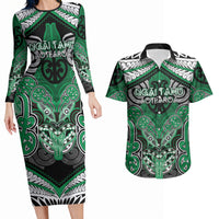 Aotearoa Iwi Ngai Tahu Personalised Couples Matching Long Sleeve Bodycon Dress and Hawaiian Shirt Maori Kowhaiwhai Pattern LT19 Green - Polynesian Pride