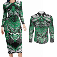 Aotearoa Iwi Ngai Tahu Personalised Couples Matching Long Sleeve Bodycon Dress and Long Sleeve Button Shirt Maori Kowhaiwhai Pattern LT19 Green - Polynesian Pride