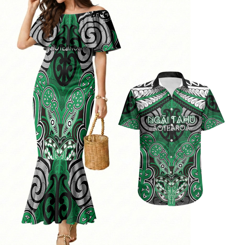 Aotearoa Iwi Ngai Tahu Personalised Couples Matching Mermaid Dress and Hawaiian Shirt Maori Kowhaiwhai Pattern LT19 Green - Polynesian Pride
