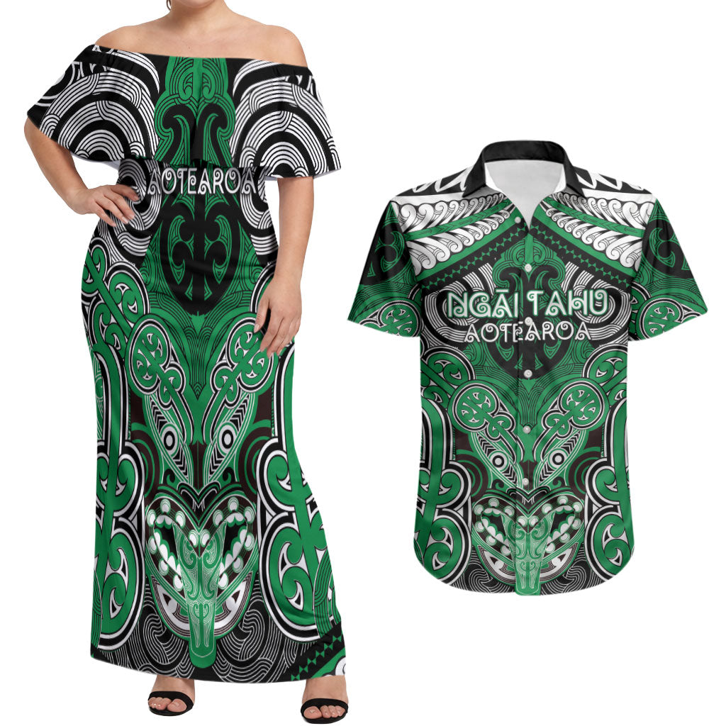Aotearoa Iwi Ngai Tahu Personalised Couples Matching Off Shoulder Maxi Dress and Hawaiian Shirt Maori Kowhaiwhai Pattern LT19 Green - Polynesian Pride