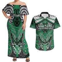 Aotearoa Iwi Ngai Tahu Personalised Couples Matching Off Shoulder Maxi Dress and Hawaiian Shirt Maori Kowhaiwhai Pattern LT19 Green - Polynesian Pride