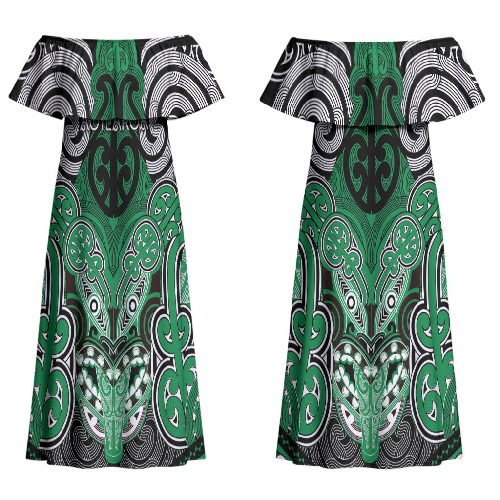 Aotearoa Iwi Ngai Tahu Personalised Couples Matching Off Shoulder Maxi Dress and Long Sleeve Button Shirt Maori Kowhaiwhai Pattern LT19 - Polynesian Pride