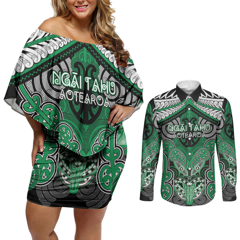 Aotearoa Iwi Ngai Tahu Personalised Couples Matching Off Shoulder Short Dress and Long Sleeve Button Shirt Maori Kowhaiwhai Pattern LT19 Green - Polynesian Pride