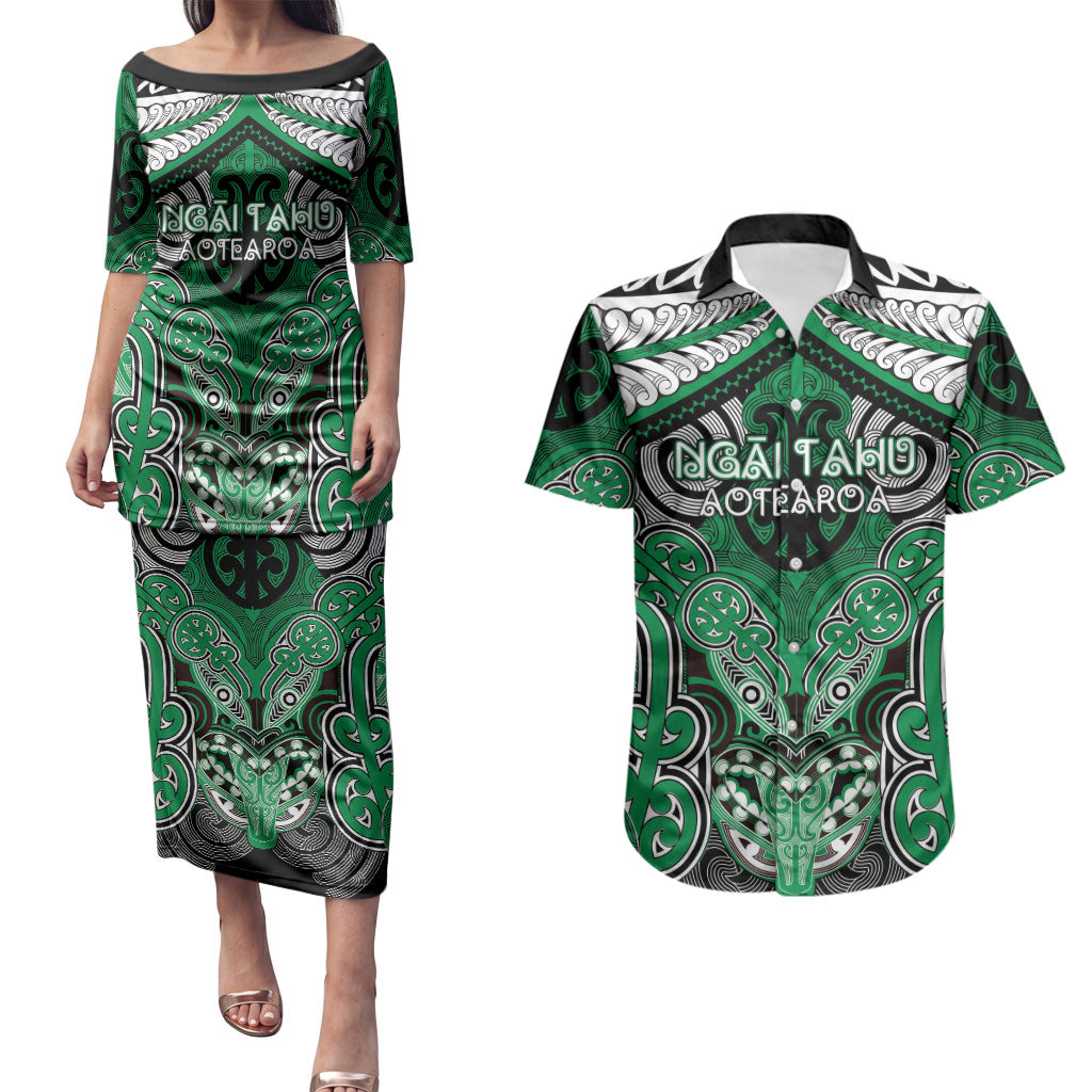 Aotearoa Iwi Ngai Tahu Personalised Couples Matching Puletasi and Hawaiian Shirt Maori Kowhaiwhai Pattern LT19 Green - Polynesian Pride