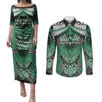 Aotearoa Iwi Ngai Tahu Personalised Couples Matching Puletasi and Long Sleeve Button Shirt Maori Kowhaiwhai Pattern LT19 Green - Polynesian Pride