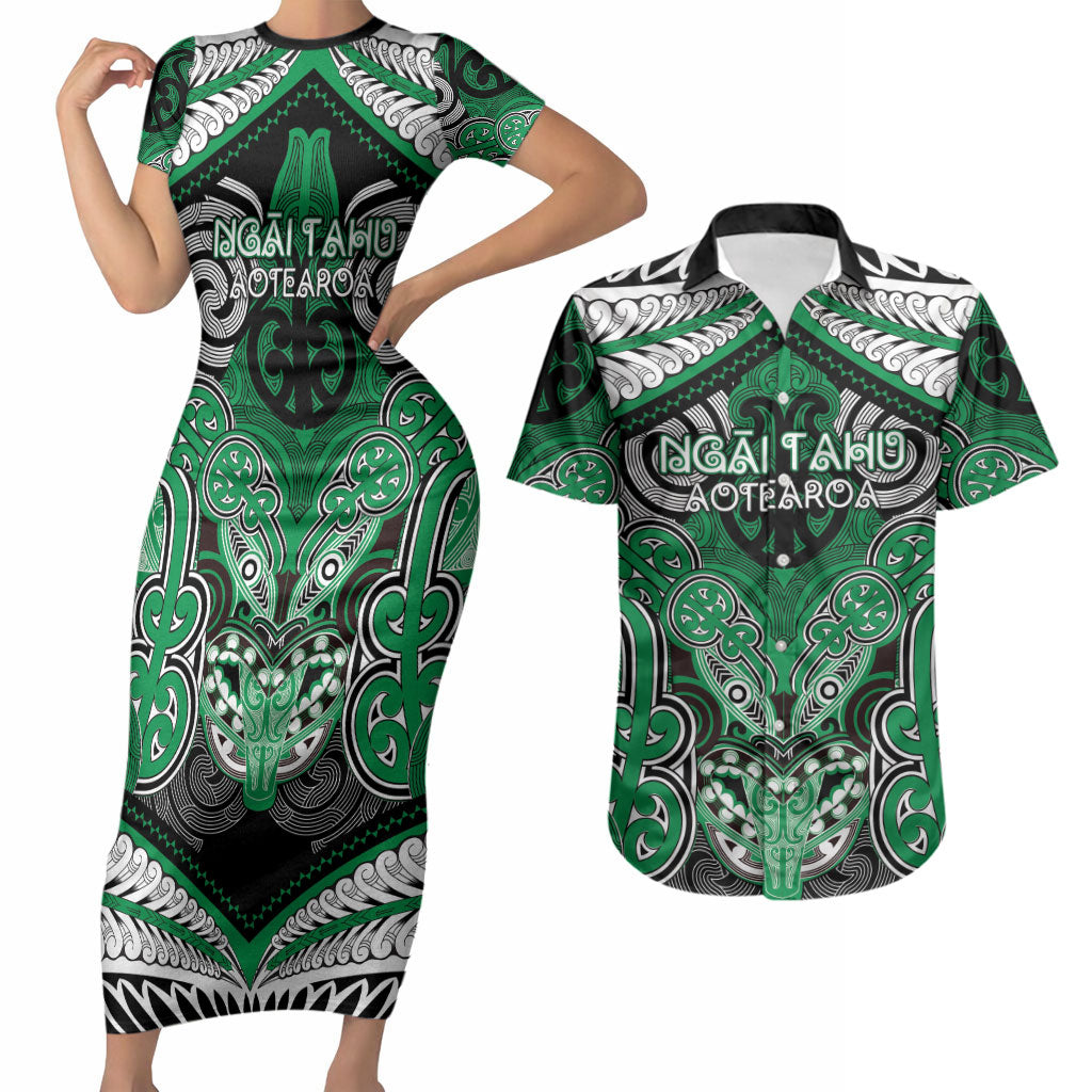 Aotearoa Iwi Ngai Tahu Personalised Couples Matching Short Sleeve Bodycon Dress and Hawaiian Shirt Maori Kowhaiwhai Pattern LT19 Green - Polynesian Pride