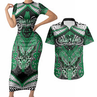 Aotearoa Iwi Ngai Tahu Personalised Couples Matching Short Sleeve Bodycon Dress and Hawaiian Shirt Maori Kowhaiwhai Pattern LT19 Green - Polynesian Pride