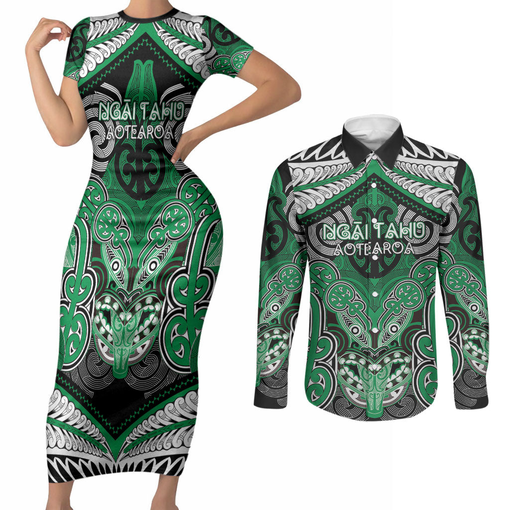 Aotearoa Iwi Ngai Tahu Personalised Couples Matching Short Sleeve Bodycon Dress and Long Sleeve Button Shirt Maori Kowhaiwhai Pattern LT19 Green - Polynesian Pride
